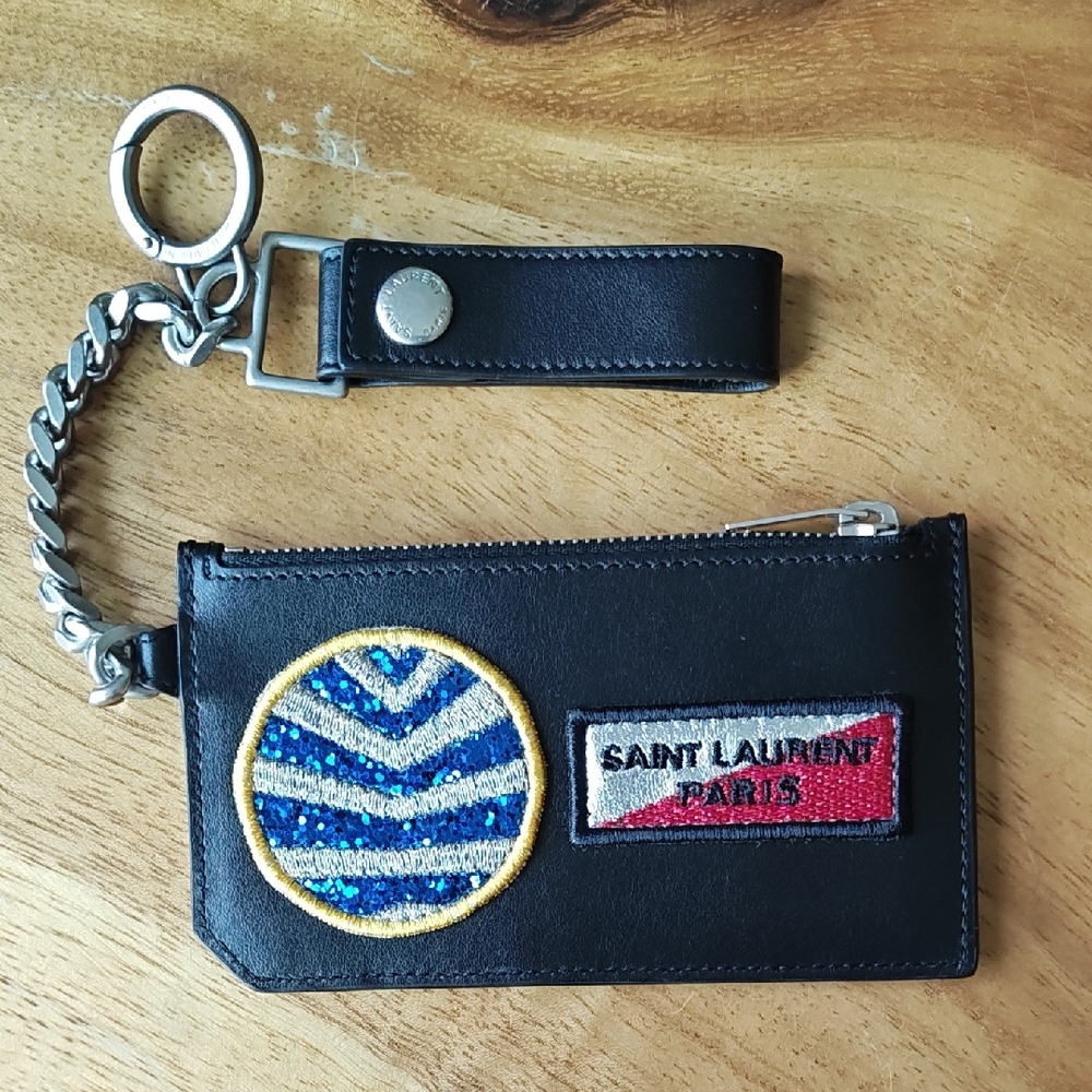 Saint Laurent Black Leather Keychain Pouch with Patches